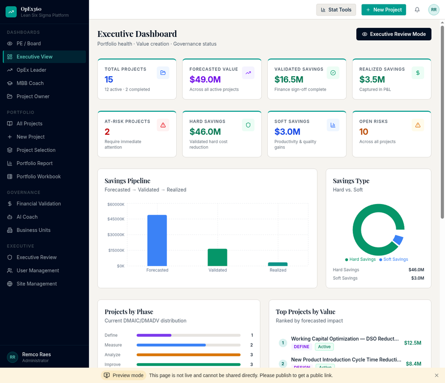 OpEx360 Executive Dashboard — Portfolio health, validated savings, and governance status